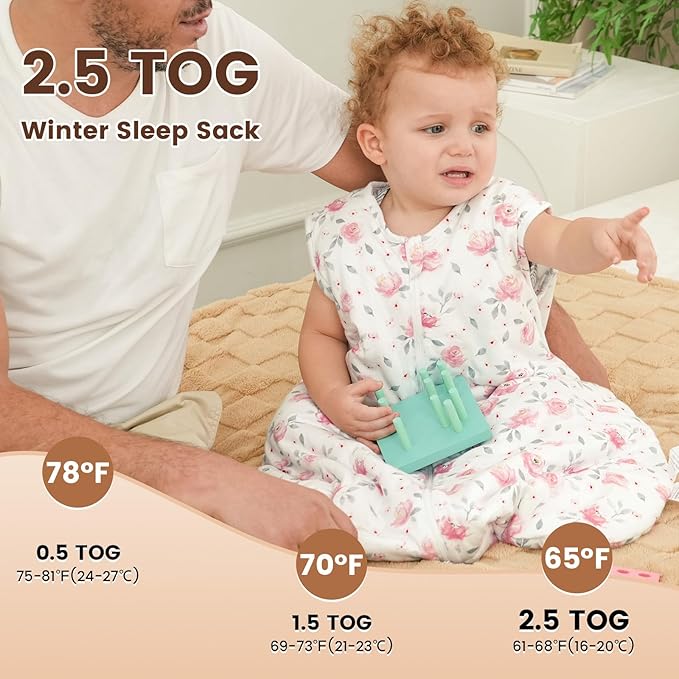 PHF 100% Cotton Baby Sleep Sack 6-12 Months, 2.5 TOG Winter Baby Wearable Blanket with 2-Way Zipper, Warm Comfy Quilted Sleeping Bags, Infant Sleeping Sack for Newborn Girls, Medium Size, Pink Floral