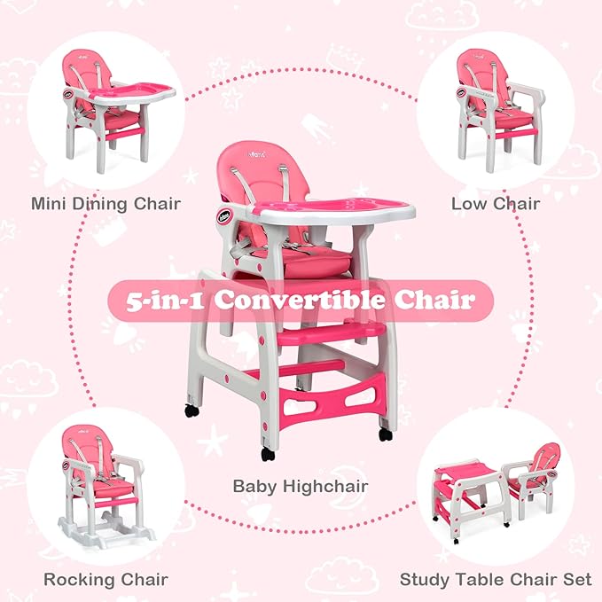 INFANS 5 in 1 Baby High Chair, Convertible Toddler Table Chair Set, Rocking Chair, Multi-Function Seat with Lockable Universal Wheels, Adjustable Seat Back, Removable Trays