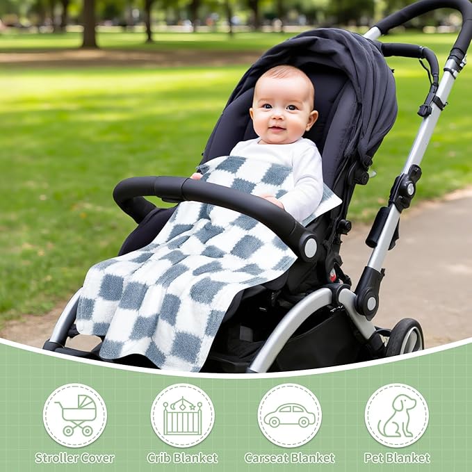 Checkered Baby Blanket for Boys, 2 Pack Soft Baby Boy Blankets, Small 28 x 40 inches Toddler Fleece Blanket, Essentials Crib Stroller Items, Newborn Gift (Blue)