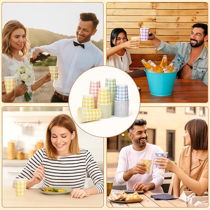 100pcs 9 oz gingham party Paper cups, Yellow Disposable Plaid Paper Checkered Cups for Wedding Birthday Party, Travel, Baby Shower Picnic