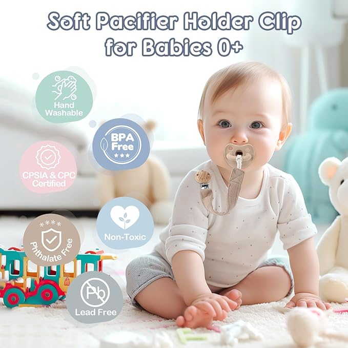 TYRY.HU Ribbon Pacifier Clip Holder,4 Pack Binky Paci Holder Clips, Pacifier Leash for Boys and Girls, Soft Webbing Strap Universal Fits for Most Pacifier, Styles & Teethers(Khaki,Grey,Blue,Green)