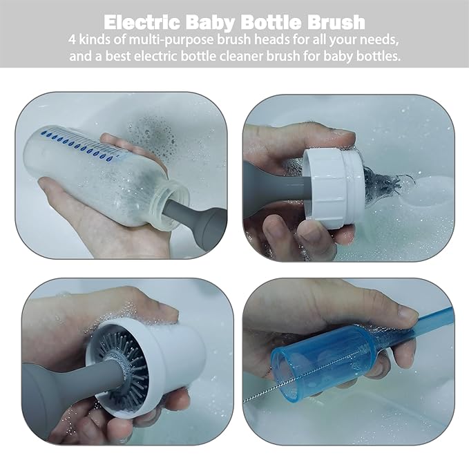 Electric Baby Bottle Brush Set with Rechargeable Electric Bottle Brush Cleaner and Replaceable Silicone Bottle Brushes and Straw Brush Cleaner, Waterproof Multi-Purpose Cleaning Brush(Grey)