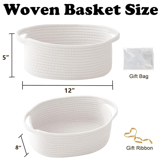 3 Pack Gift Basket with Gift Bag and Ribbons,Small Rope Woven Shelf Storage,Baskets for Gifts Empty,Birthday,Shower,Decorative Organizer Box for Cat Dog Pet with Handles(White)