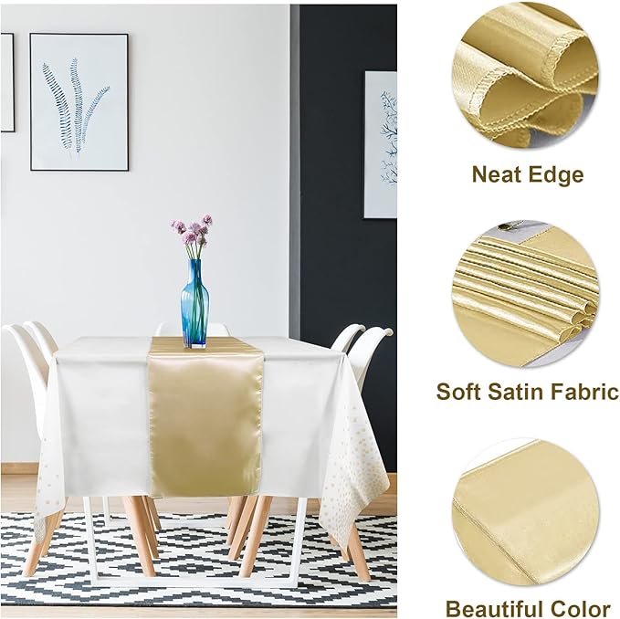 8Pack Disposable Plastic Tablecloths and Satin Table Runner Set White and Gold Dot Tablecloth Gold Satin Table Runner for Wedding Birthday Baby Shower Anniversary Christmas New Year Party Decorations