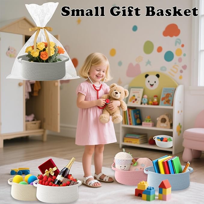 Gift Basket with Gift Bag and Ribbons,Small Rope Woven Shelf Storage,Baskets for Gifts Empty,Birthday,Shower,Decorative Organizer Box for Cat Dog Pet with Handles(Grey)