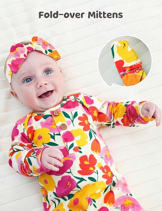 PATPAT Baby Sleeper Gown with Bamboo Viscose for Newborn Girls Boys, Knotted Nightgown with Mittens for Infant Home Coming