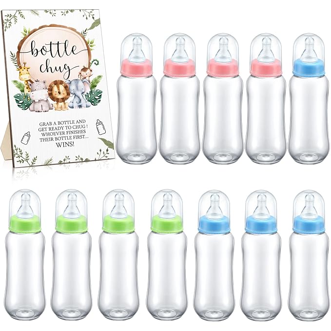 Roowest Bottle Chug Baby Shower Game Favors 12 Pcs Baby Bottles Shower Favor with 1 Wooden Sign for Gender Reveal Party Supplies Gifts(Animals)