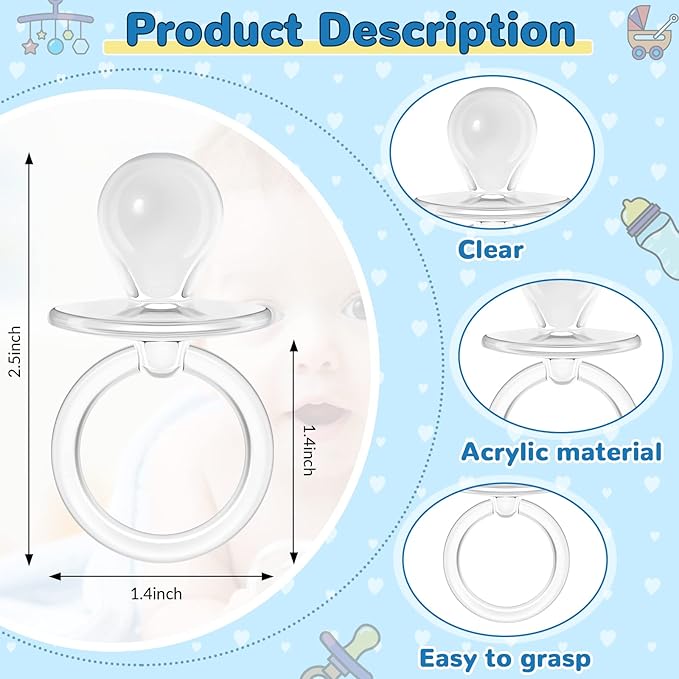 Jetec 48 Pieces 2.5 Inch Acrylic Baby Pacifiers Gender Reveal Party Decorations for DIY Baby Shower Birthday Party Favors(Clear)
