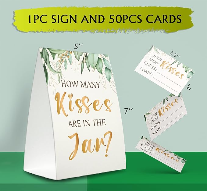 Guess How Many Kisses Are in the Jar Game (1 Standing Sign + 50 Guessing Cards),Greenery Golden,Bridal Shower Sign,Baby Shower Sign - XH18