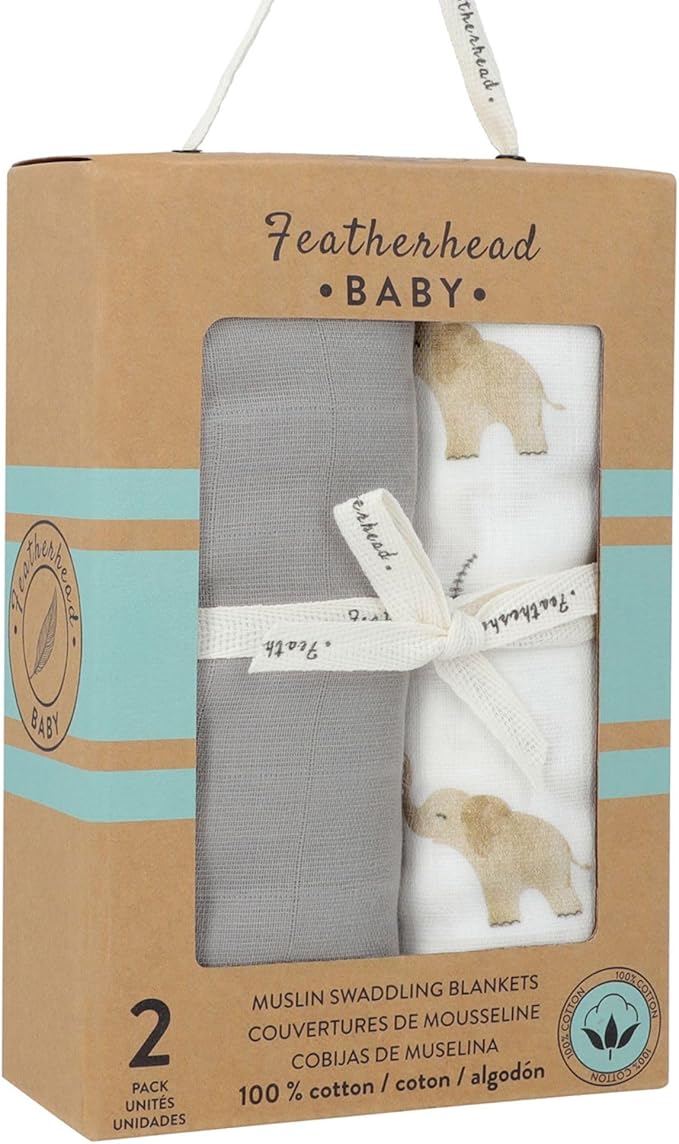 Featherhead™ 100% Cotton Muslin Swaddle Blankets for Baby Girl - Large 47”x 47” - Pre-Washed, Soft, & Breathable - Newborn Essential & Perfect Baby Registry Gift (2 Pack - Elephant)