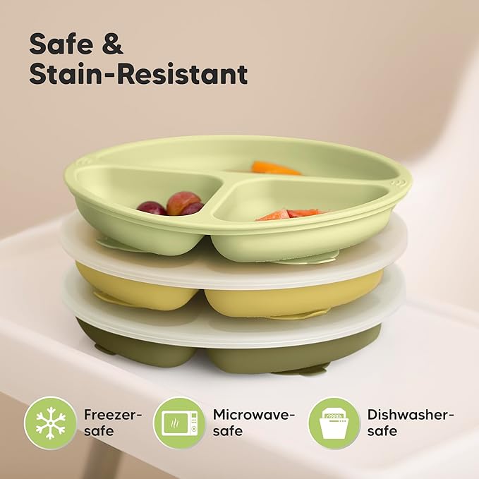 KeaBabies Suction Plates with Lids for Baby - 3-Pack 100% Silicone Toddler Plates with Suction, Divided, BPA-Free Baby Led Weaning Essentials for Kids, Dishwasher, Microwave Safe, Durable (Olives)