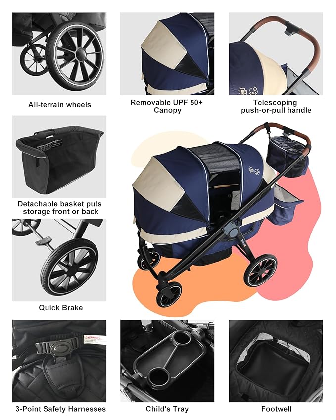 Tandem Wagon Stroller–All-Terrain 2-in-1 Push&Pull Design, Double Seat, Large Storage, Adjustable Canopy, Removable Child Tray for Kids Outdoor Adventures&Family Outings
