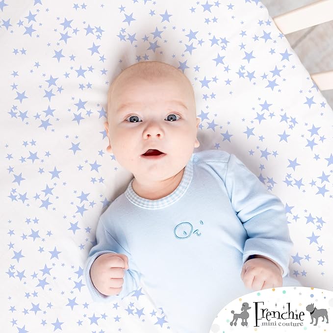 Fitted Crib Sheets 100% Cotton, Fits Toddler Mattress, Blue Stars, 28 x 52in, 2-Pack