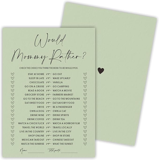 30 Pcs Minimalist Green Baby Shower Game Cards, Would Mommy Rather Game, Baby Shower Games To Play With Family And Friends, Baby Announcement, Gender Reveal Party Supplies - A06