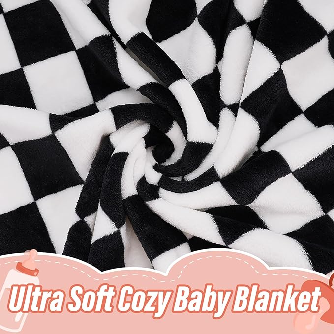 Plush Checkered Baby Blanket for Boys Girls Nursery, 30"*40" Warm Short Fleece Blanket Neutral for Infant Newborn, Small Fuzzy for Sleeping, Chenille Baby for Stroller (Black&White)