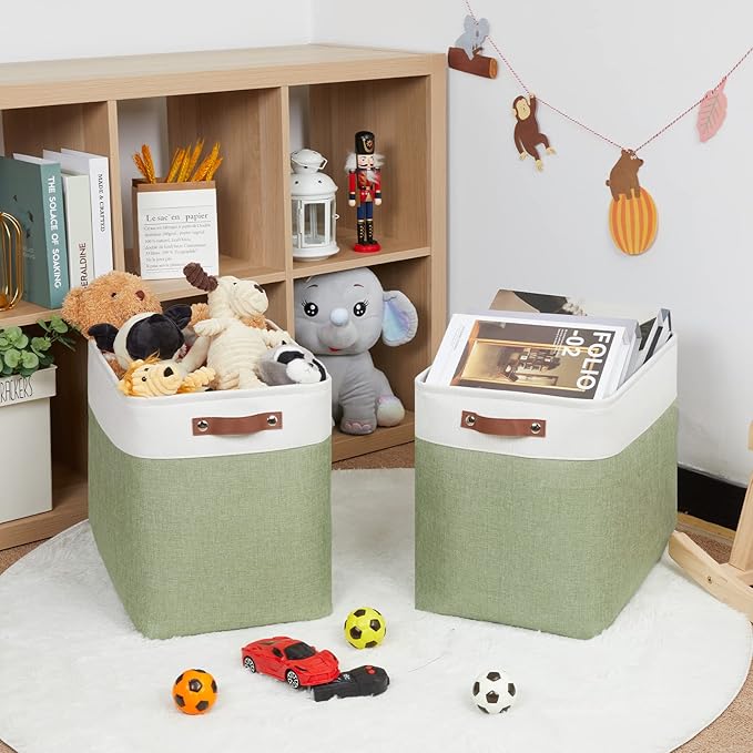 HNZIGE Shelf Storage Baskets for Clothes, Large Storage Bins Fabric Baskets for Organizing, Foldable Rectangular Decorative Storage Bins for Home Closet(White Green), 17" x 12" x 15"