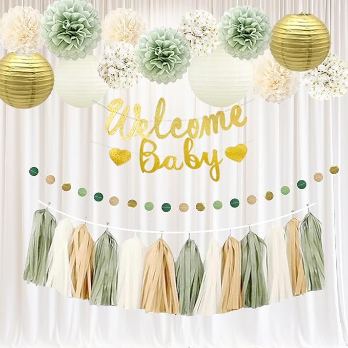 Baby Shower Decorations Sage Green&Gold for Boy or Girl- Welcome Baby Banner,PomPoms,Lanterns,Circle Dot& Tassels Hanging Garland Party Supplies-Safari Woodland Jungle Forest Boho Theme Neutral Gender