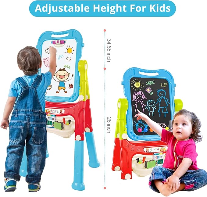 Kids Easel, Adjustable Standing Kids Easels for Toddlers, Double Magnetic Drawing Board with Painting Accessories, Present for Little Boys and Girls Age 3 4 5, Blue