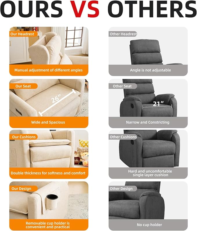 Oversized Swivel Rocker Recliner Chair, 26" Extra Wide Glider Nursery Chair with Adjustable Headrest, Chenille Power Recliner Rocking with Double Cushion, Cup Holder, Beige