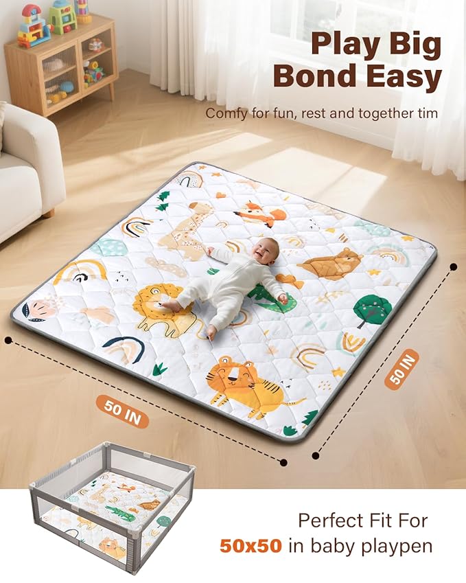 Baby Play Mat 50"x50", Non-Slip Baby Mat for Floor, Soft Thicker Playpen Mat, Portable Playmat, Crawling Mat for Babies, Toddlers & Infants to Play and Learn(Animal)