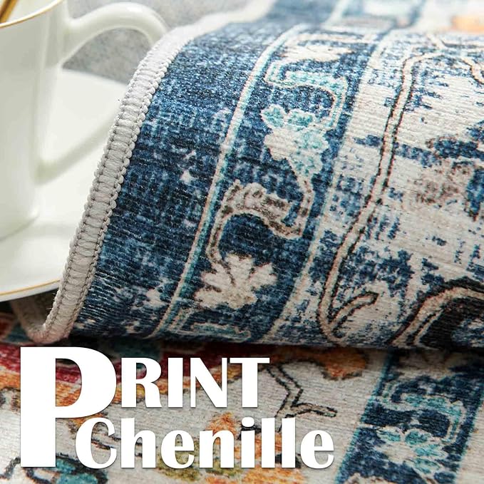 jinchan Area Rug 6x9 Washable Living Room Rug Indoor Large Vintage Floor Cover Distressed Navy Blue Multi Lightweight Non Slip Thin Carpet for Kitchen Bedroom Dining Room