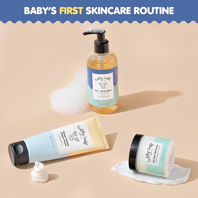 TUBBY TODD Baby Bundle Newborn Skin Care Set - Hypoallergenic Hair + Body Wash, All Over Ointment with Colloidal Oatmeal, Sweet Cheeks Diaper Paste - Lavender Rosemary, Full Size