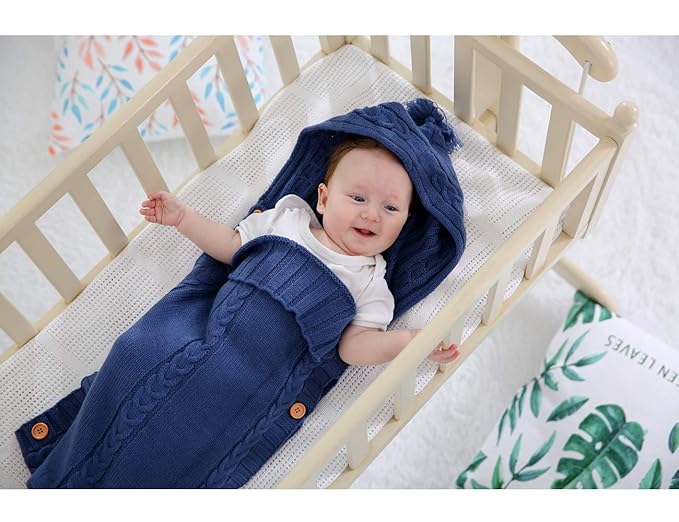 XMWEALTHY Newborn Baby Wrap Swaddle Blanket Knit Sleeping Bag Receiving Blankets Stroller Wrap for Baby(Dark Blue) (0-6 Month)