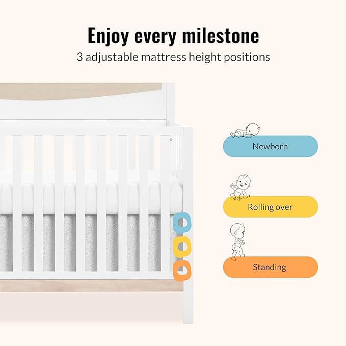 Dream On me Emerson 5-in-1 Convertible Full-Size Baby Crib in White & Vintage White Oak, GreenGuard Gold & JPMA, 3 Mattress Heights, Converts to Toddler, Day & Full-Size Bed