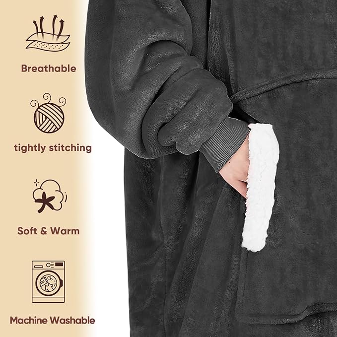yescool Wearable Blanket Hoodie - Birthday Christmas Gifts for Women Mom Girlfriend, Oversized Flannel Sherpa Cozy Hooded Blanket Sweatshirt Adult With Hood Pocket & Sleeves, One Size Fits All (Grey)