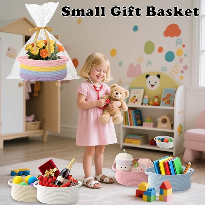 Gift Basket with Gift Bag and Ribbons,Small Rope Woven Shelf Storage,Baskets for Gifts Empty,Birthday,Shower,Decorative Organizer Box for Cat Dog Pet with Handles(Rainbow Pastel)