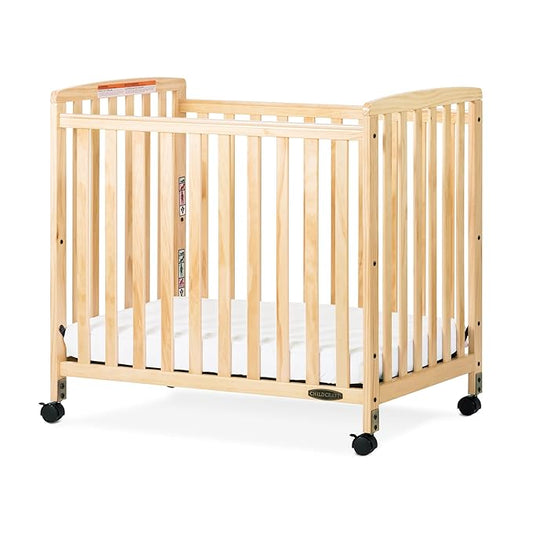Child Craft Bristol Professional Series Wooden Compact Portable Crib with 3" Mattress and Ultra-Quiet Casters, Durable Wood Construction, Easy Maneuverability (Natural)