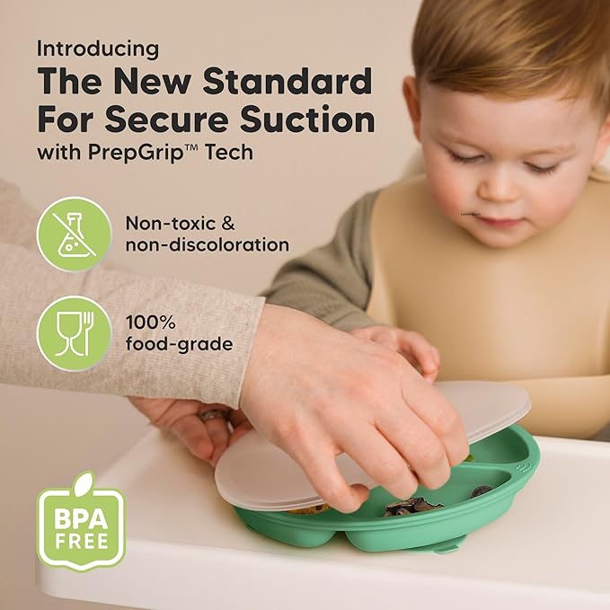 KeaBabies Suction Plates with Lids for Baby - 3-Pack 100% Silicone Toddler Plates with Suction, Divided, BPA-Free Baby Led Weaning Essentials for Kids, Dishwasher, Microwave Safe, Durable (Forest)