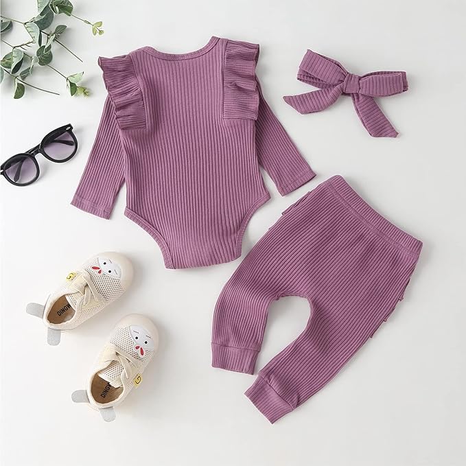 Fullfamous Baby Girl's 3pc Rib Frill Long Sleeve Romper and Pant Set