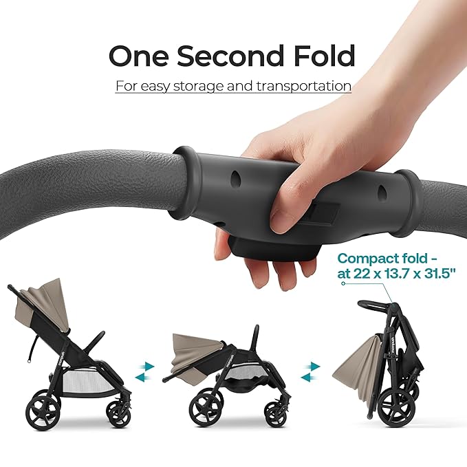 Mompush Nova Baby Stroller for Toddler, Infant & Newborn | Spacious Seat & Lie-Flat Mode | Compact One-Hand Fold, UPF 50+ Canopy & All-Wheel Suspension | Includes Rain Cover & Cup Holder, Khaki