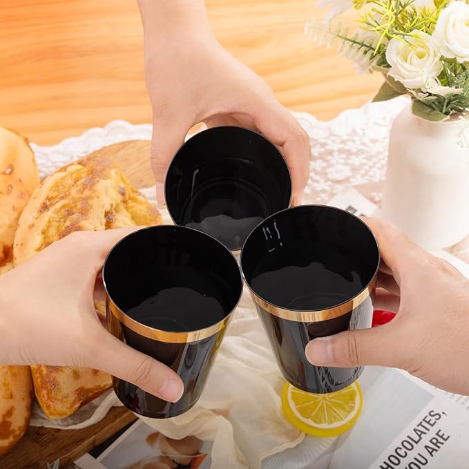 supernal 200pcs Black Plastic Cups 10oz – Disposable Cups with Gold Rim, Premium Black and Gold Plastic Cup, Disposable Cocktail for Wedding, Birthday, Halloween, Christmas & Thanksgiving Parties