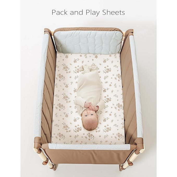 Konssy Muslin Mini Crib Sheets, 100% Soft Cotton Pack and Play Sheets for Pack N Play Mattress, Playard Baby Crib Sheets for Baby Girls(Blossom, Cream)