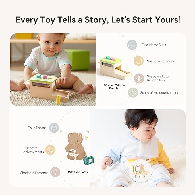 IEATFO Montessori Toys for Babies 9-12 Months, 7-in-1 Wooden Playful Learning Toys with Egg Cup, Castanets, Baby Tissue Box, Textured Shape Puzzle, Cylinder Drop Box and More, Stage-Based Toy