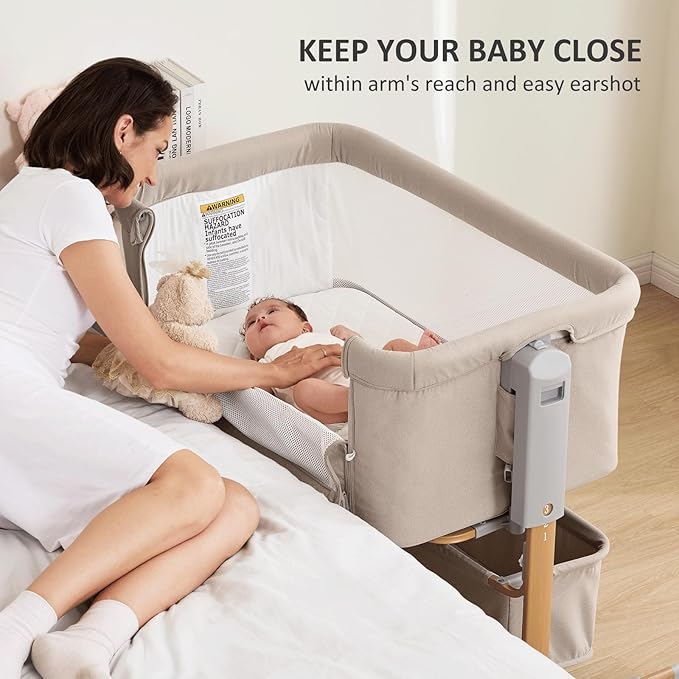 3 in 1 Baby Bassinet, Rocking Bassinet, Bedside Bassinet, 6-Height Adjustable, Bassinet Bedside Sleeper, Bedside Bassient for Baby with Comfy Mattress, Breathable Mesh, Large Storage Basket