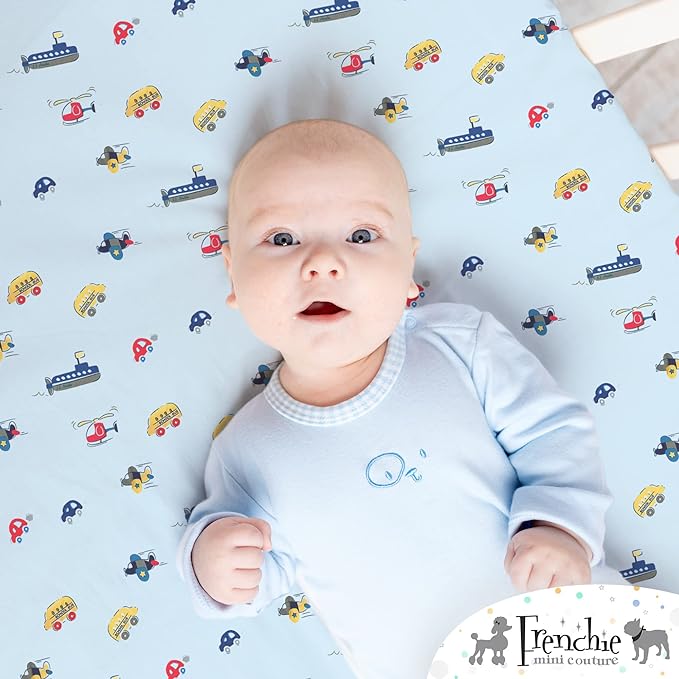 Fitted Crib Sheet Single, 100% Woven Cotton, Toddler Fitted Sheet, Fits Standard Size Baby Mattress 28 x 52 x 8in, Cars, Boats, & Planes (Light Blue)