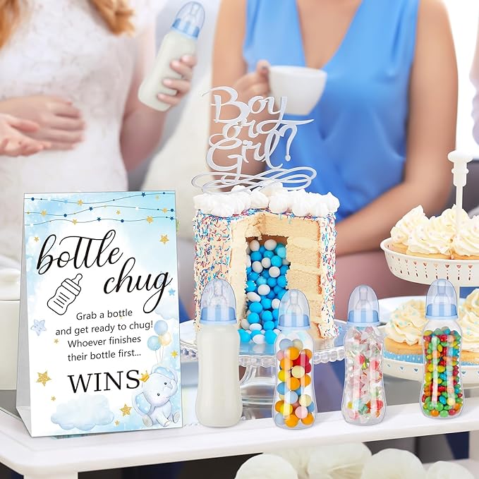 TrelaCo Cool Baby Shower Games Sets 12 Pcs Feeding Bottles with 1 Bottle Chug Sign for Gender Reveal Baby Shower Party Favors Decoration Games(Elephant,Blue)