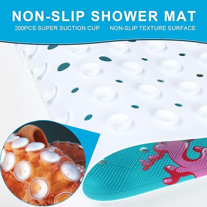 XIYUNTE Baby Bath Mat for Tub Non Slip Kids Bath Mat - 40''x16'' Extra Long Cartoon Dolphin Baby Bath Tub Mat Eco-Friendly Toddler Bath Mats with Suction Cups & Drain Holes Easy to Clean & Easy Drying