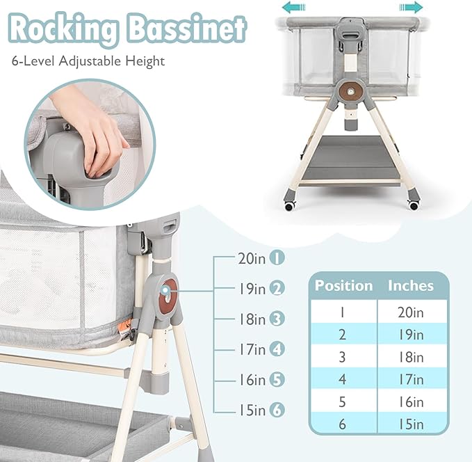 Baby Bassinet, Rocking Bassinet, 3 in 1 Bassinets Bedside Sleeper with Musical Toys, Bedside Bassinet for Baby with Storage Basket and Wheels, Adjustable Bedside Crib for Newborn (Grey)