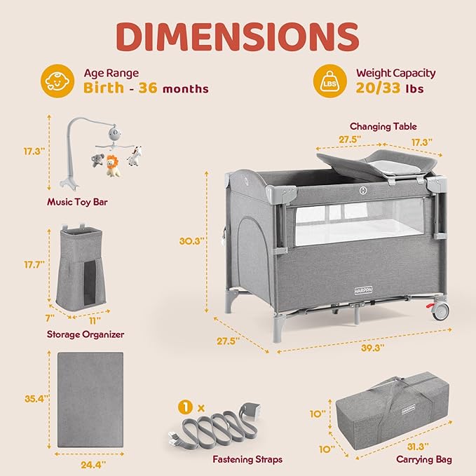 HARPPA Pack and Play 5 in 1, Portable Baby Playard for Travel, Baby Bassinet Bedside Sleeper with Mattress, Rolling Bassinet for Infant, Pack n Play with Changing Table, Bed Crib(Gray)
