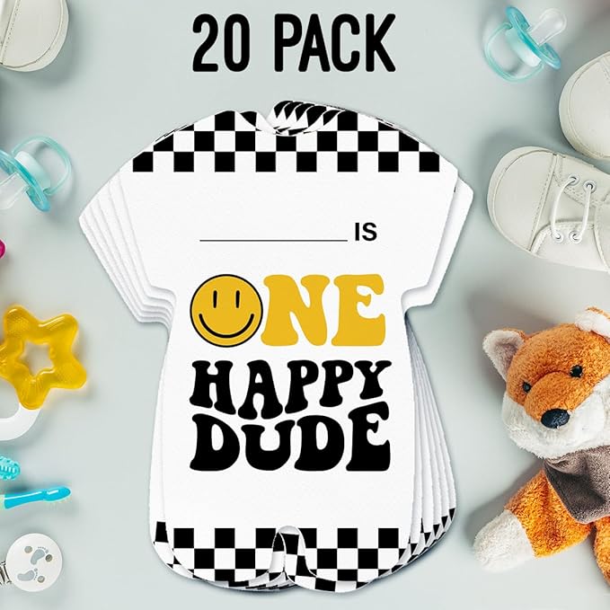 LyoGao One Happy Dude Birthday Invitations for Boy Smily Face First Birthday Party Fill in Invites Cards With Envelopes (20 Pack)