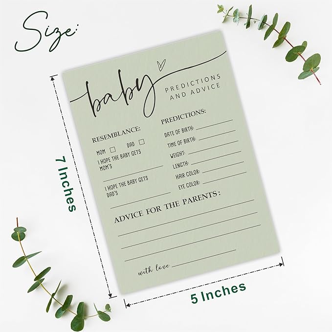 Sage Green Baby Shower Game Cards - Advice & Predictions, Double-Sided Design, 30 Gender Neutral Cards for Shower Party, Announcement, Advice for Parents, Party Favor & Decor - C01