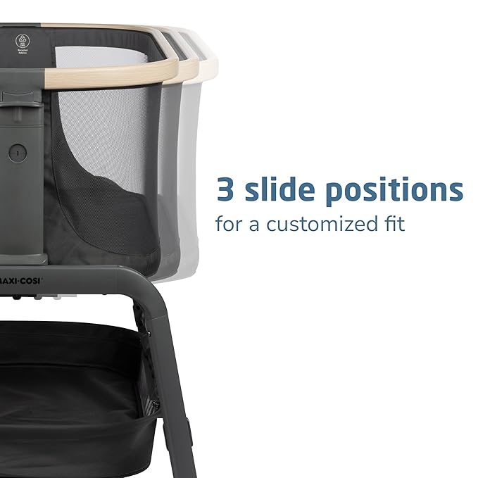 Maxi-Cosi Iora Baby Bassinets Bedside Sleeper, Portable Bassinet, Infant Bedside Sleeper Crib, Height Adjustable, Breathable Mesh, Large Storage Basket, Classic Graphite
