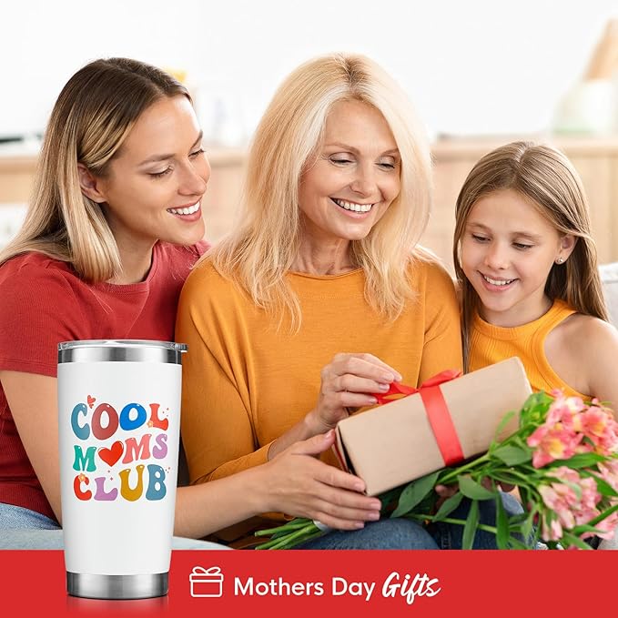 NOWWISH Mothers Day Gifts for Mom from Daughter Son - Cool Moms Club Tumbler - Funny Birthday Gifts for Women Mom Wife and Grandma (20 oz Tumbler, White)