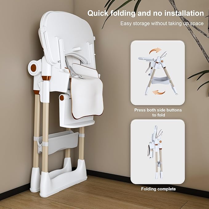 3-in-1 Foldable High Chair for Babies & Toddlers, Adjustable Height, Reclining Seat, Wheels with Safety Locks, Removable Tray, Space-Saving Multifunctional Baby Dining Chair (White)