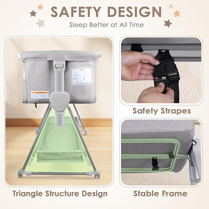 BIERUM Baby Bassinet for Baby - 7 Height Adjustable Bedside Bassinet with Lockable Wheels, Easy to Assemble Portable Bedside Crib with Large Storage Bag & Mattress for Newborn/Infant