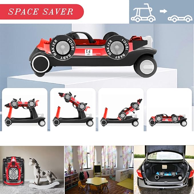 4-in-1 Baby Walker, Foldable Activity Walker with Adjustable Height & Speed, Music, Lights, Steering Wheel, Activity Baby Push Walker for Boys Girls Aged 6–18 Months (Red)